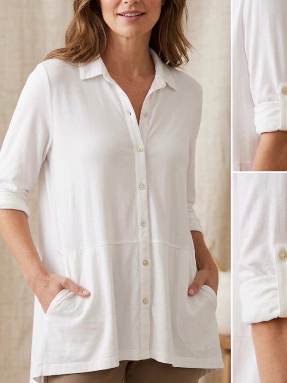 J Jill Pure Jill White Knit Button Front Roll Tab Tunic Top MP
